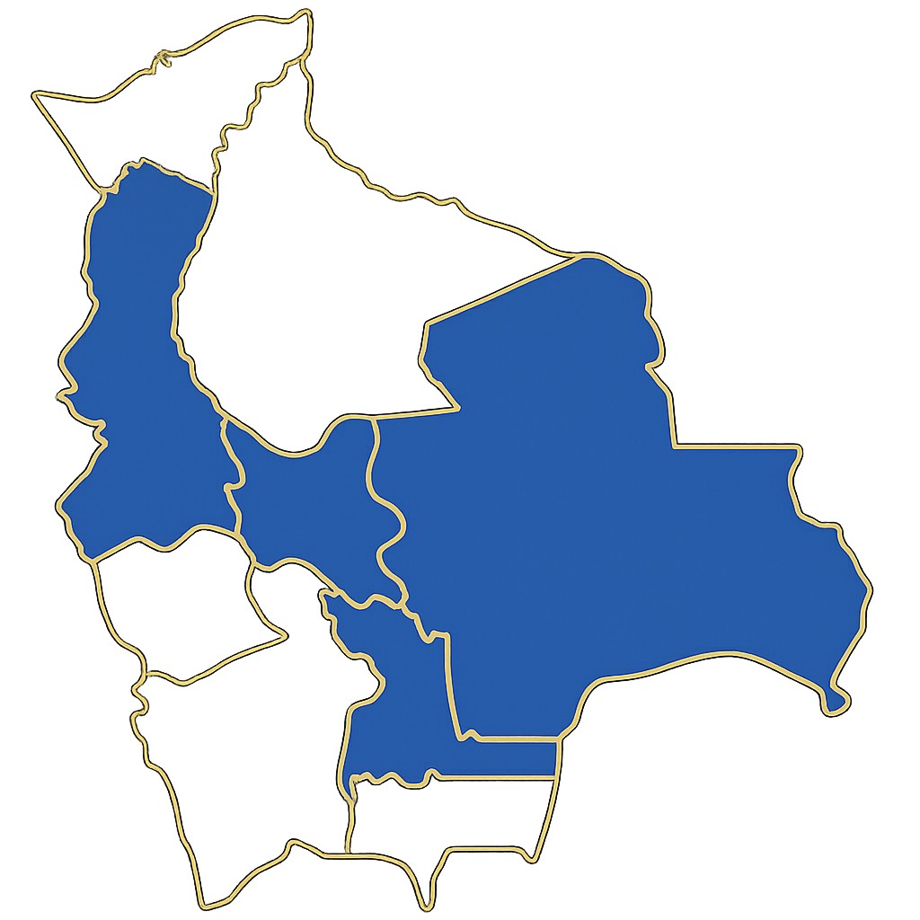 Mapa de Bolivia — Seguridad Concordia opera en Cochabamba, La Paz, Santa Cruz y Chuquisaca