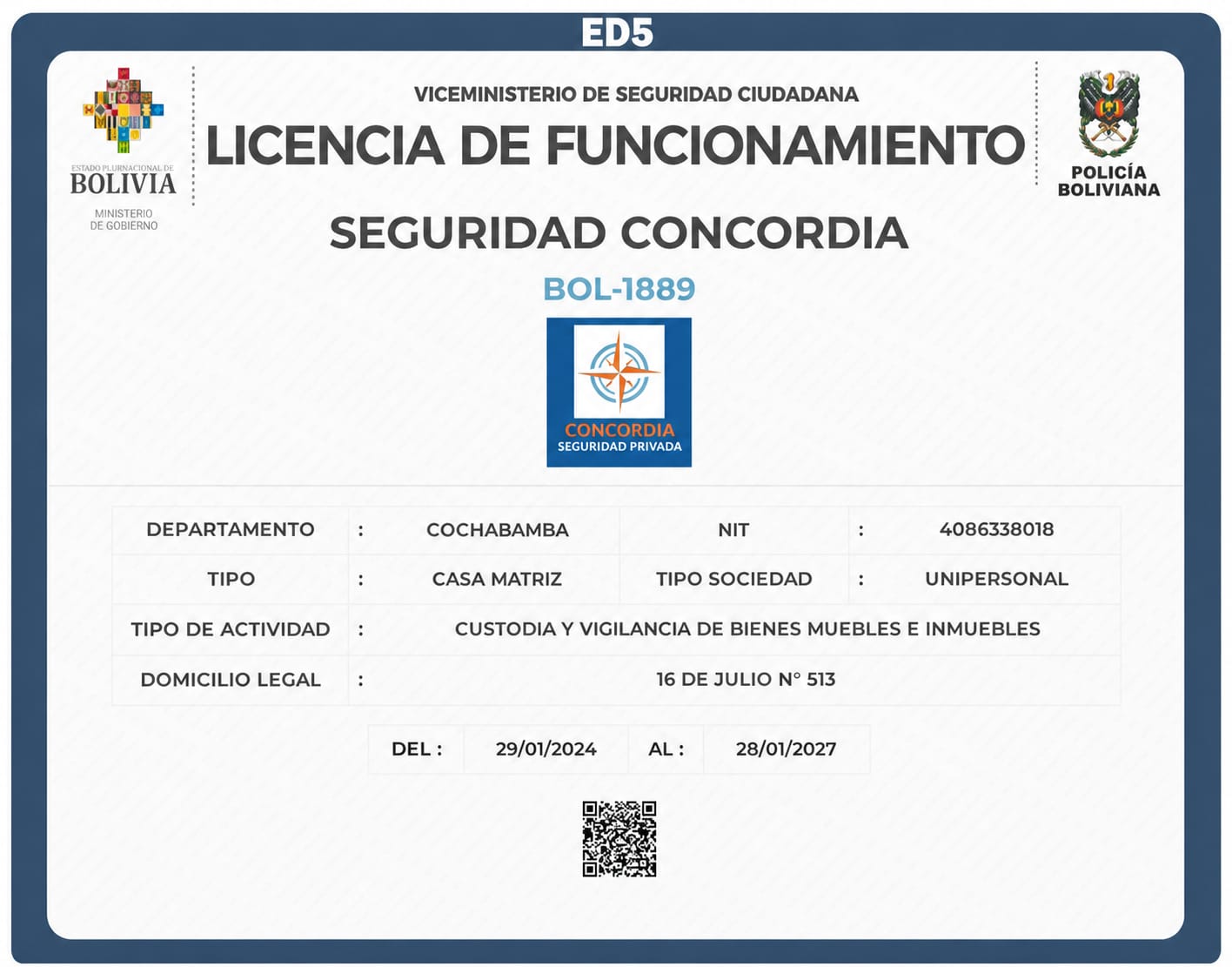 Licencia de Funcionamiento BOL1889 — Seguridad Concordia