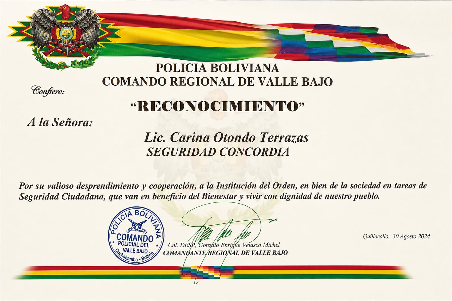 Reconocimiento Policía Boliviana — Seguridad Concordia
