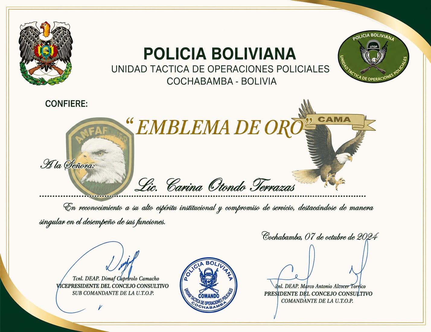 Emblema de Oro UTOP — Seguridad Concordia